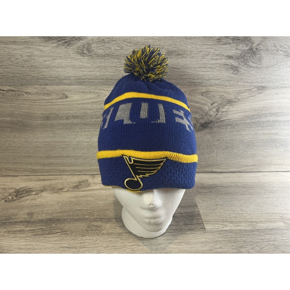 NHL St Louis Blues Beanie Pom Pom Hat Youth Blue Yellow Hockey Stretch
